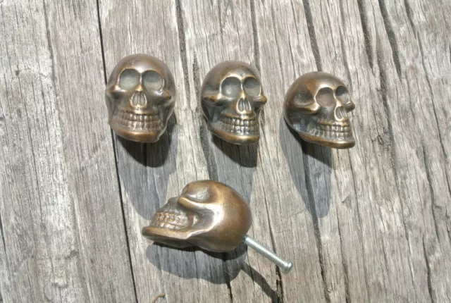 8 small Skull Drawer Gothic Finger Pull Solid aged Brass 1.3/4" knobs drawers B 3
