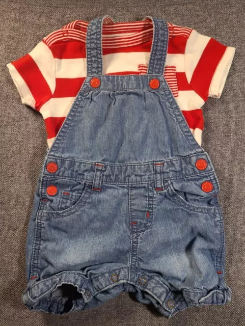 Baby Girls dungaree & top Outfit 9-12 Months red blue denim short Playsuit (757)