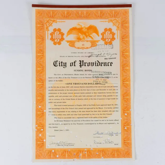 1941 City of Providence $1000 6-Year Funding Bond Certificate Rhode Island