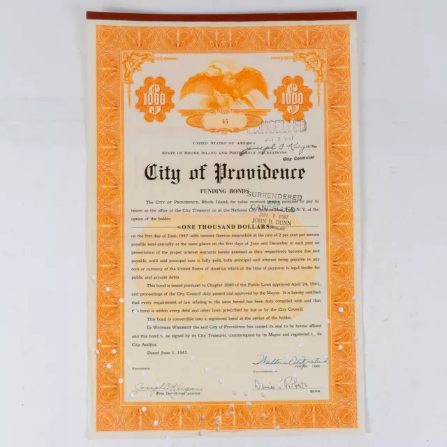 1941 City of Providence $1000 6-Year Funding Bond Certificate Rhode Island