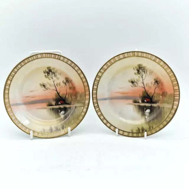 Antique Shofu Hand-Painted Fine China Pair of  Saucers Occupied Japan Rare Swan