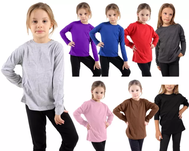 Kids Plain Long Sleeves Crew Neck T Shirts Girls Boys Casual Tops UK Size