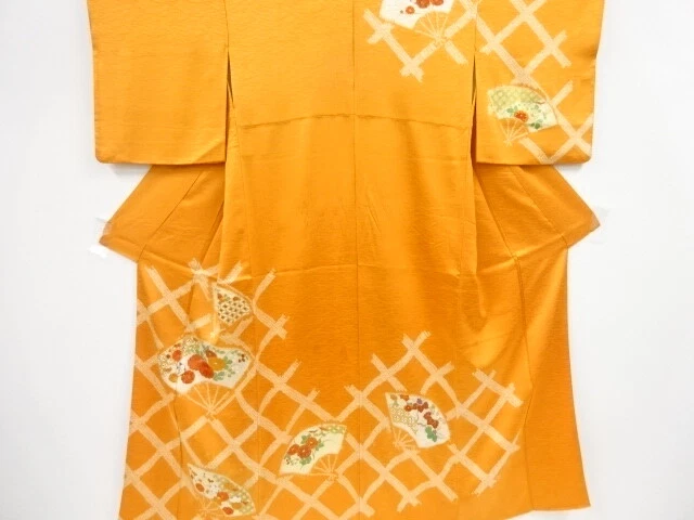 44659# Japanese Kimono / Antique Kimono / Shibori / Embroidery / Fan With Flower