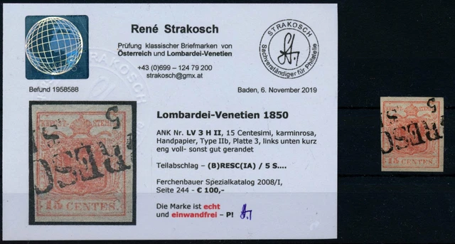 LOMBARDEI-VENETIEN 1850 15C, KARMINROSA! HP, Type II.b, U.M.! BRESCIA. Befund!