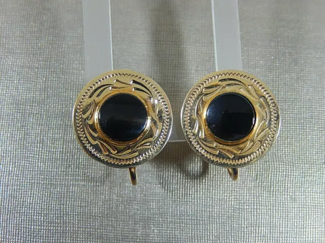 Vtg Van Dell Etched Chased 12Kgf Elegant Black Onyx Screw Back Earrings In Evc