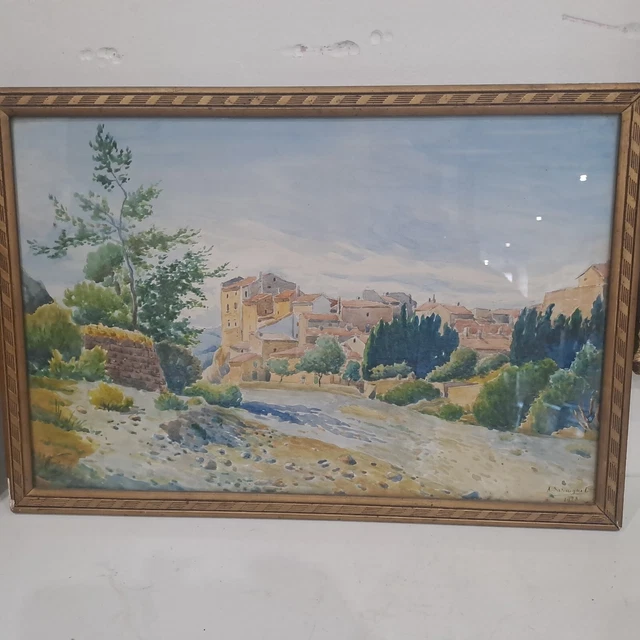 Tableau Ancien Aquarelle Paysage Rural Village Agricole Signé - Années 50/60, Style Réaliste