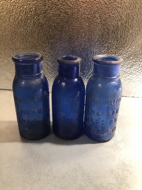 3 Cobalt Blue Bottles Bromo Seltzer Emerson Drug Co. Baltimore MD Pre-owned