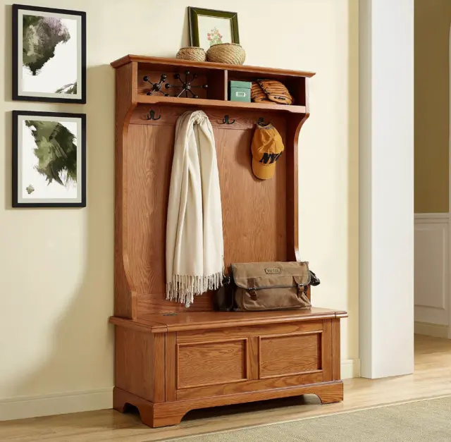 Entryway Hall Tree Bench Coat Rack Storage Stand 4-Hooks Hat Scarf Solid Wood
