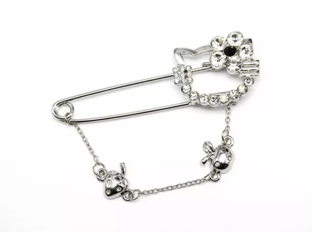 BR01 * Broche avec Tête Chat Strass et Chaîne Pendante Charms Mode - Argenté