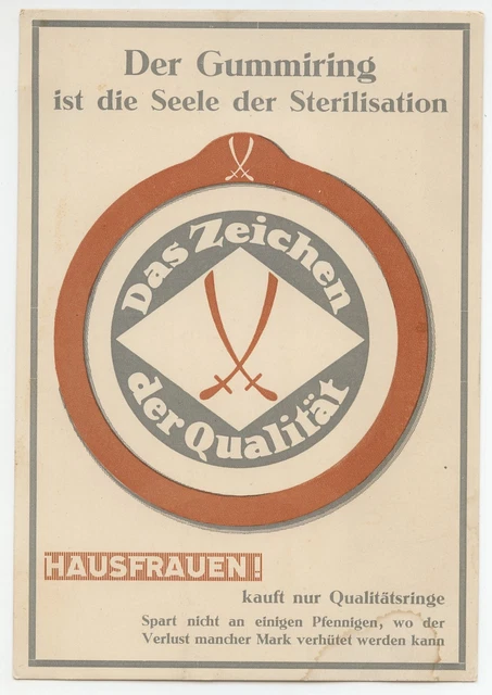 Der Gummiring ist die Seele der Sterilisation, Werbeaufsteller um 1930