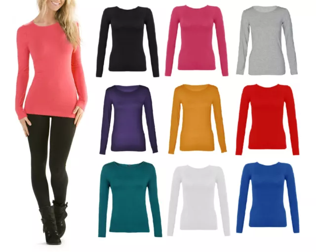 New Womens Long Sleeve Round Neck Plain Basic Ladies Stretch T-Shirt Top 8-14