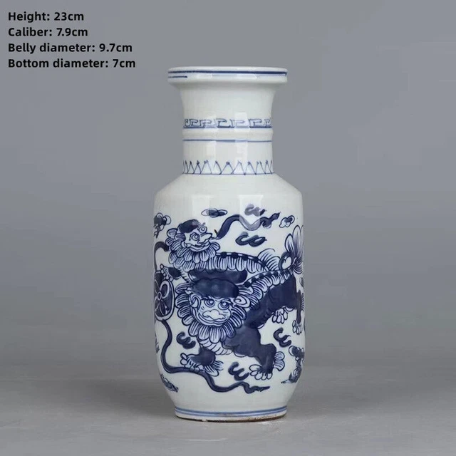 Old Chinese Qing Dynasty blue and white porcelain Lion pattern vase 23cm