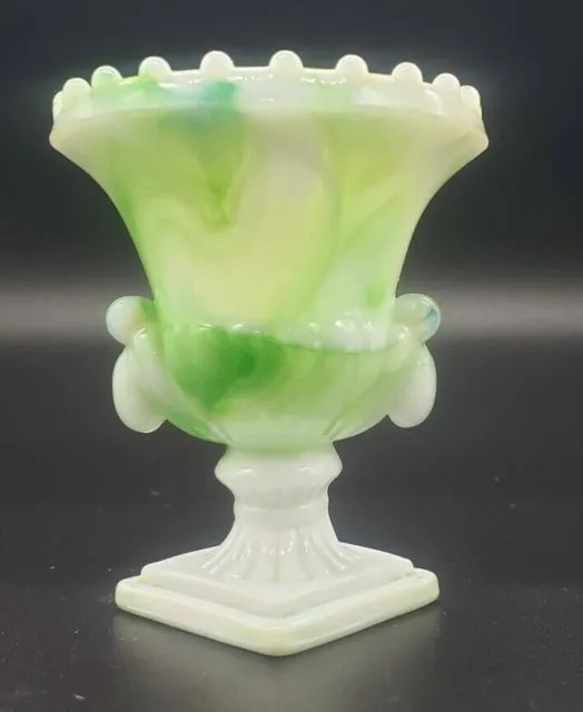 Vintage Akro Agate Green / White Swirl Slag Glass Toothpick Holder Urn Vase