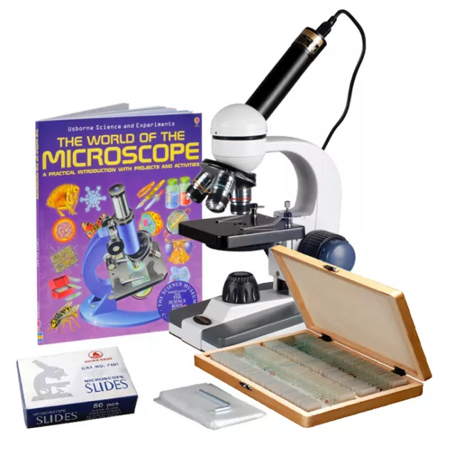 AmScope 40X-1000X Portable Student Compound LED Microscope Kit + Camera + Slides