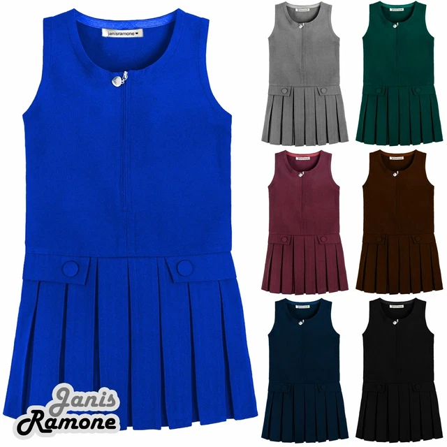 Ragazze Due Pulsante Pieghe Senza Maniche Pinafore Scuola Uniforme Vestito