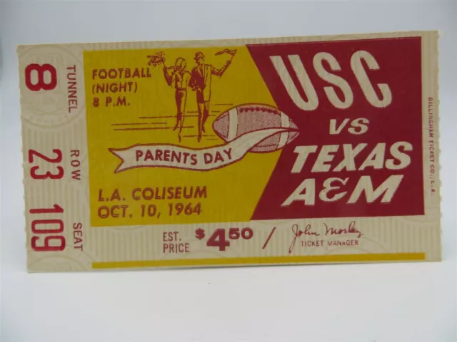 Original 1964 USC vs Texas A&M College Football Ticket @ USC 10/10/64