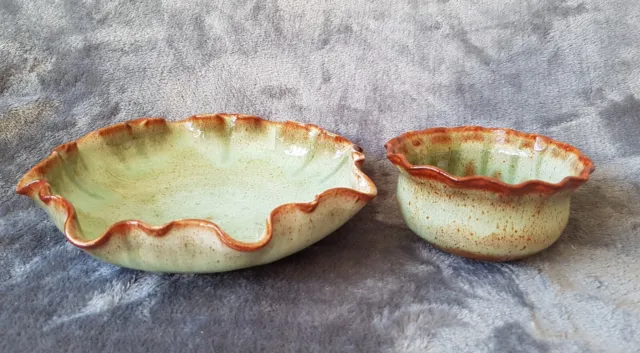 X2 Woburn Pottery Decorative Handmade Bowls Green/brown Glaze Glossy Finish 3