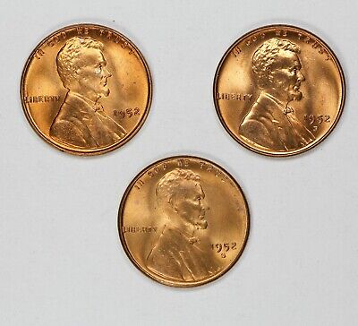 1952 P D S Lincoln Wheat Cent Penny  Set 1C Gem Bu Brilliant Red Set Of 3 Coins