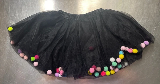 Girls Medium Solid Black With Colorful Pompon Balls Tutu Skirt Ballet Dress NWOT