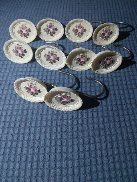 Vintage Handpainted Victorian jubilee Floral Curtain Hooks Set Of 10