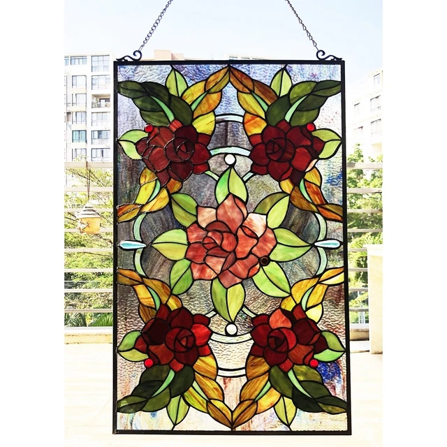 32" x 20"  Tiffany-Style Rose Garden Canina Stained Glass window Panel