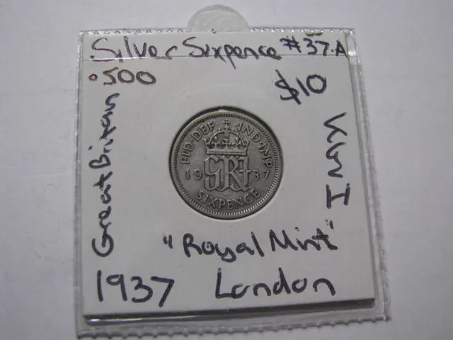 1937 Sixpence Silver .500 Coin Great Britain England  KGV  Royal London GB-37.A