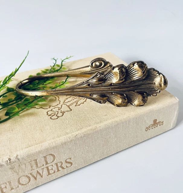 Vintage Brass curtain hold back, Feather Design, Ornate Brass Hook