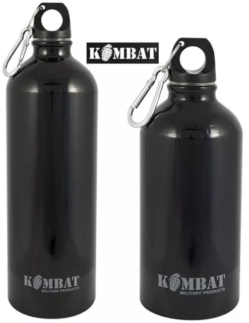 Kombat Army Military Aluminium Water Bottle Carabiner Flask Black 500ml/1000ml