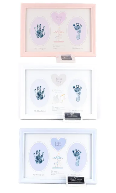 Hello Baby Hand & Foot Print Frame Newborn Gift Boys Girls Pink Blue White