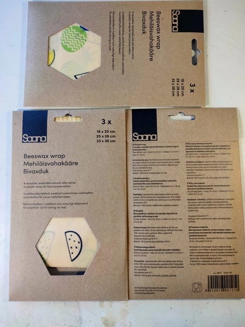 Juego de 3 veces envoltura de alimentos de cera de abejas natural reutilizable S,M,L.