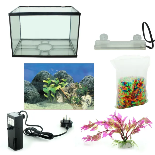 26L Fish Tank Glass Aquarium Starter Kit Set Air Filter Pump LED Light Stone Net