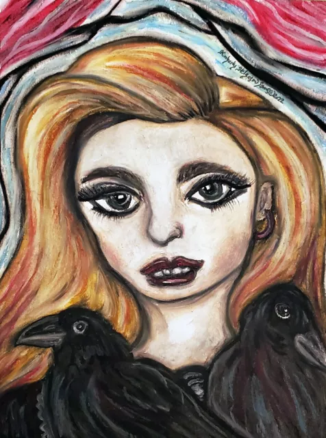 Girl with Crows Original 9x12 Pastel Painting Artist KSams 90s Gothic look
