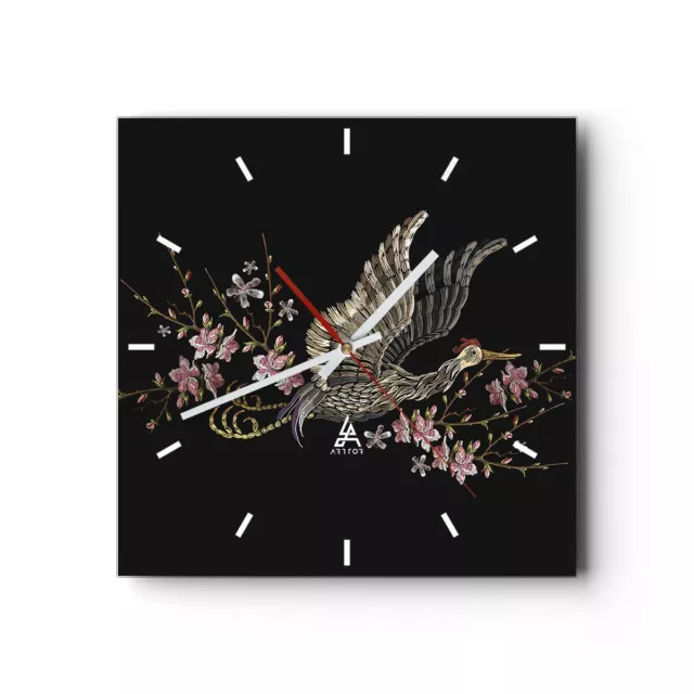 Horloge murale en verre 30x30cm Silencieuse Asiatique Oiseau Fleurs Wall Clock