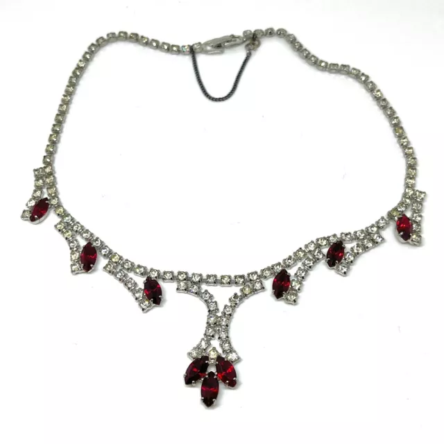 Vintage Red Rhinestone Marquise Dangle Drop Silver Tone Princess Choker Necklace