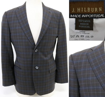 J. Hilburn Men's Blazer Size 39R Windowpane Brown Blue Guabello Italian Fabric