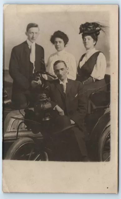 Postcard Studio Photo of 2 Men + 2 Ladies Auto, White City, Chicago IL RPPC G184