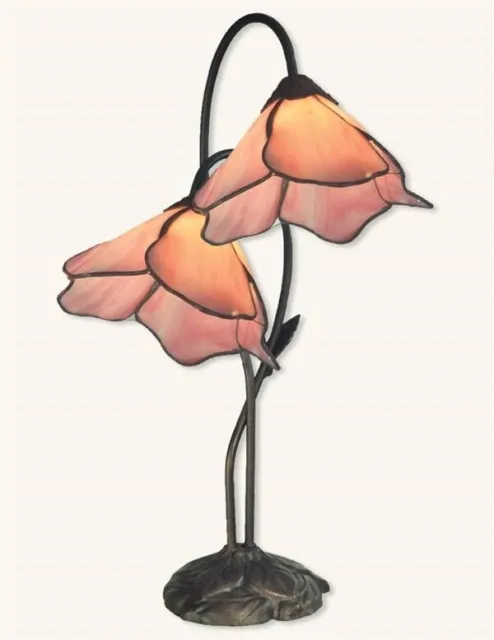 Victorian Trading Pink Stained Glass Twin Lily Accent Lamp 8D