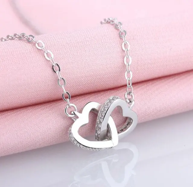 Silver SP Pave 1.0 Ct CZ Double Heart Ring Pendant Necklace