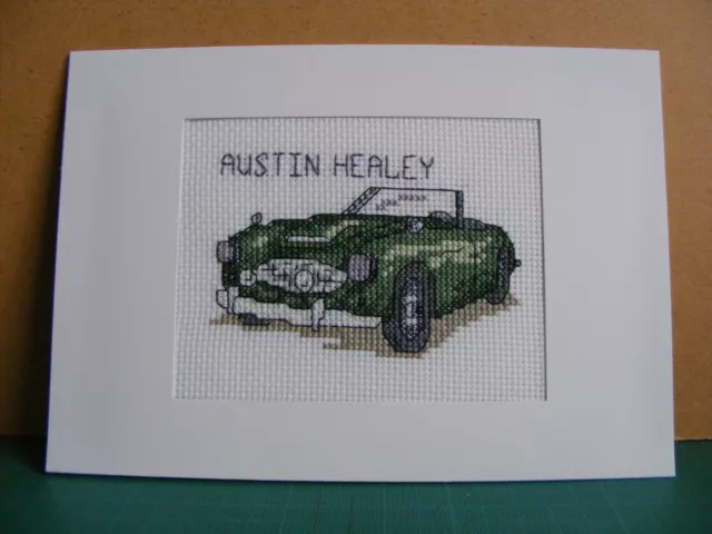 Lovely Completed Cross Stitch Card of an AUSTIN HEALEY Car.