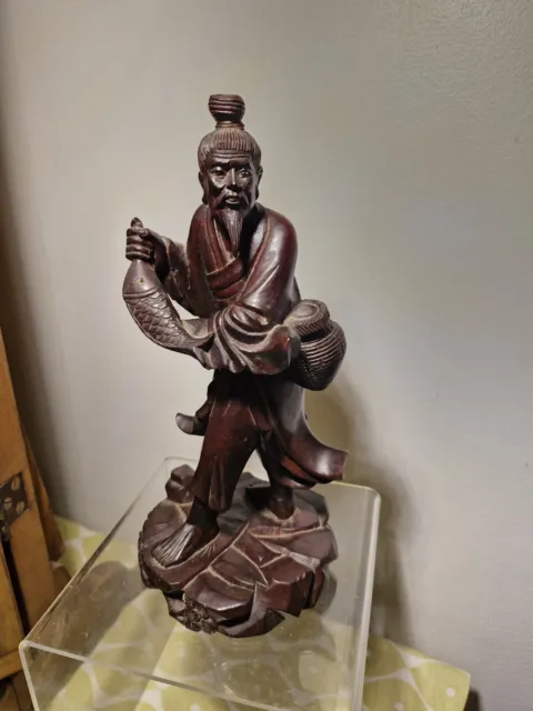 Antique Chinese Boxwood Hand Carved Figure of a Fisherman Height 22cm Signed
