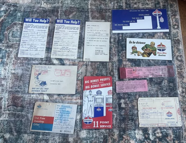 10 lot 1960’s Standard Oil Service Gas Station Memorabilia Receipts Advertising