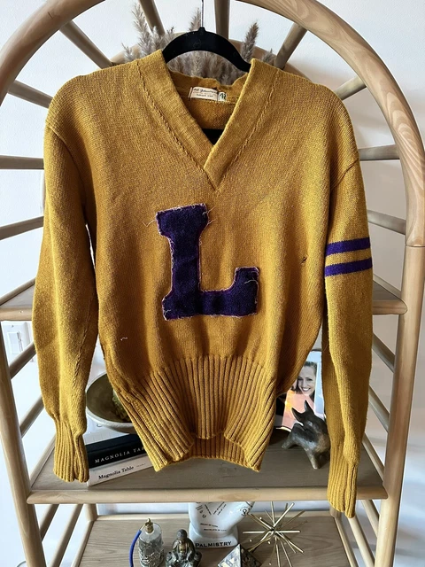 Vintage 50s LSU Varsity Wool Letterman Sweater Made in USA Knit Medium