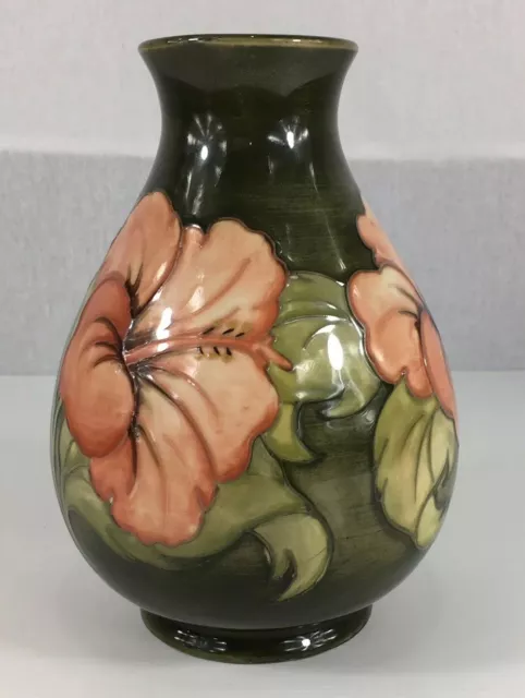 Moorcroft 1928-1953 Hibiscus Pattern Green Vase. 21cm In Height