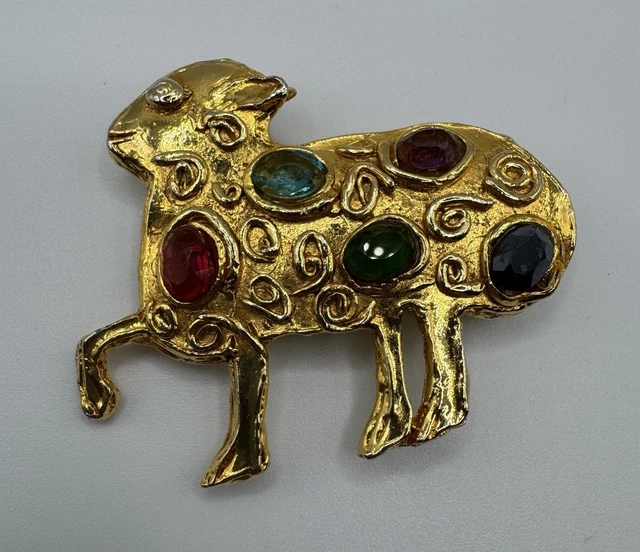 Broche Vintage Agneau Et Tête De Bouddha - Années 1970/1980, Métal Bronze, Occasion
