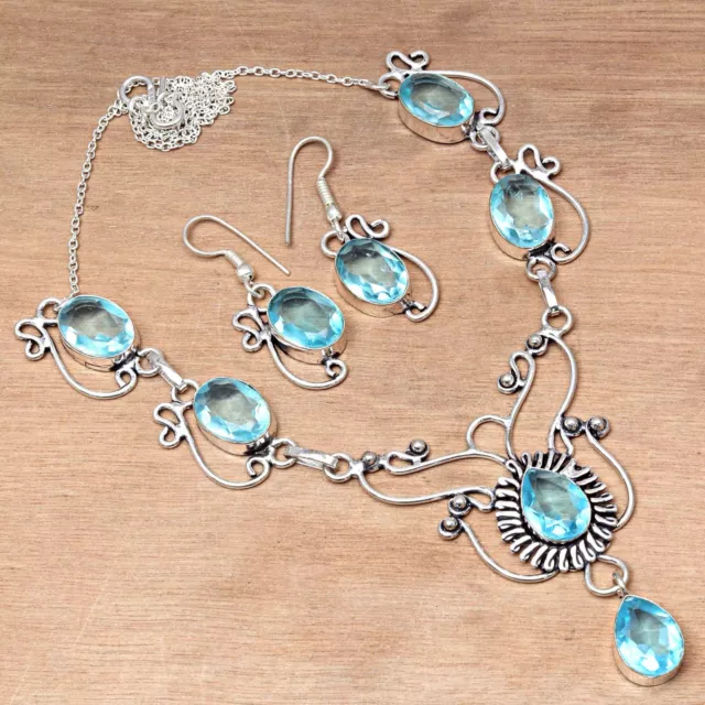 Swiss Blue Quartz Gemstone Silver Jewelry Necklace & Earrings 18-20''