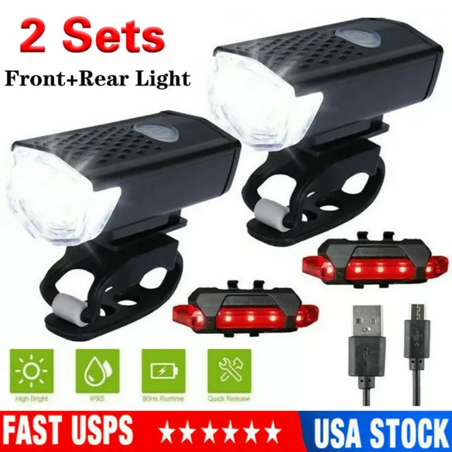 2 SETS USB Rechargeable LED Bicycle Headlight Bike Front Rear Lamp ...
