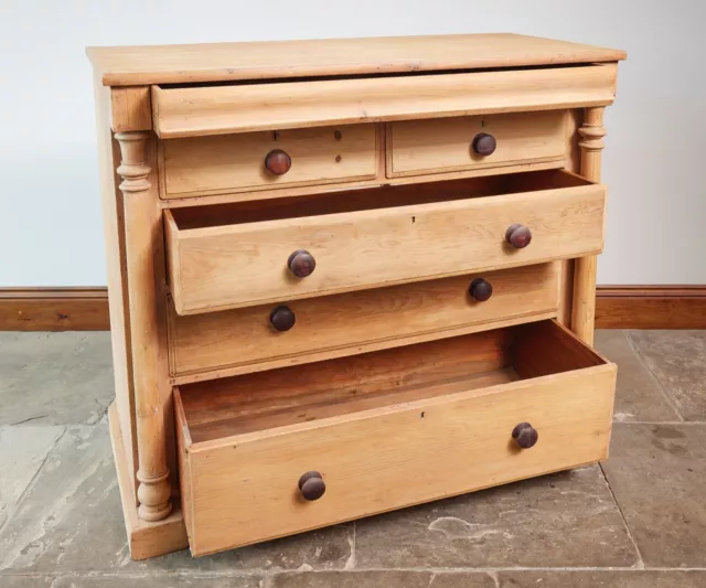 Antique, Victorian, Stripped Pine Solid Chest of 6 Drawers, concealed top drawer