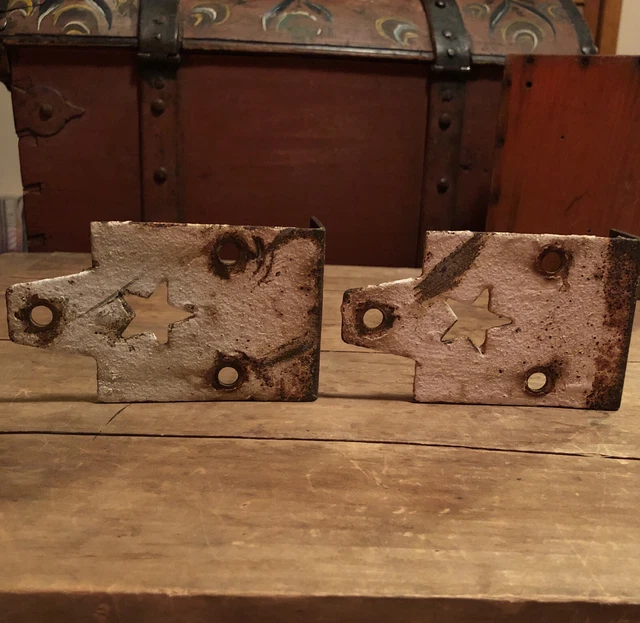 2 Antique Vintage Barn Door Iron Strap Hinges Rusted CAST IRON CHIPPY PAINT