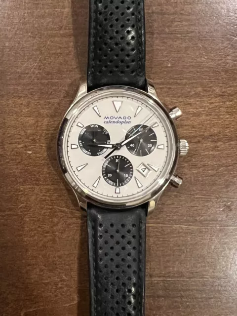 Movado Heritage Calendoplan 43mm Swiss Chronograph Panda Prestine Black Leather