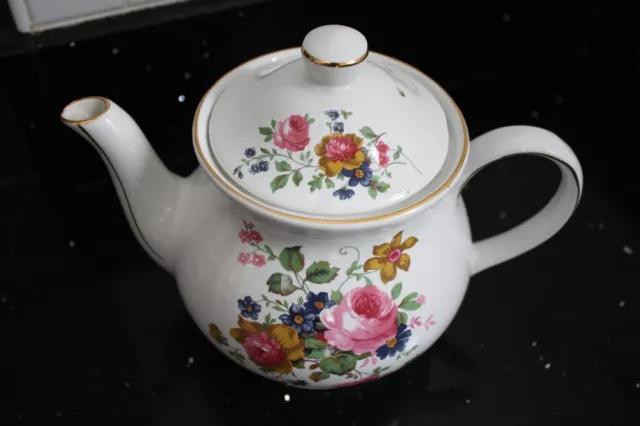 Vintage Sadler England Tea Pot  Teapot Spring Flowers White Gold Trim Pink Roses